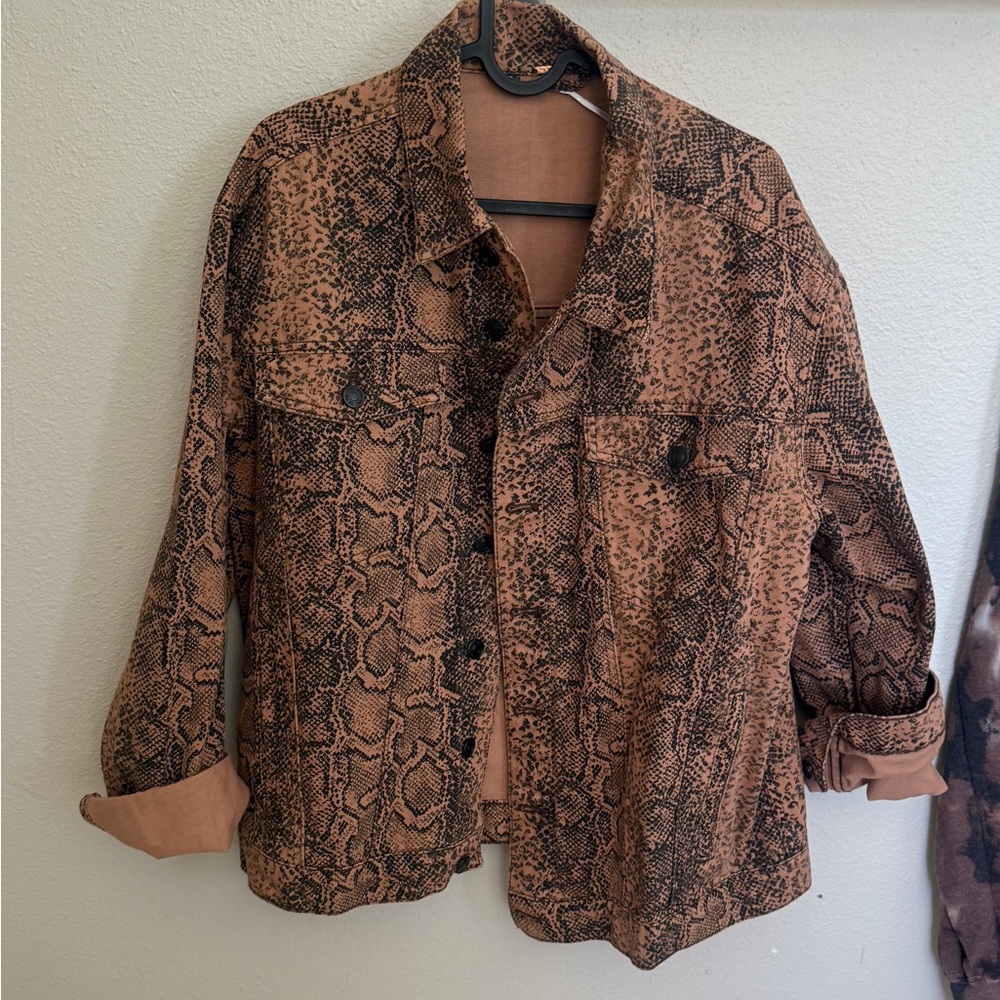 Free People Brown Snake Print Jean Jacket
